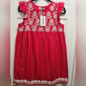 NWT Red Embroidered Folk Dress Boho Floral Ruffle Sleeve Sleeveless Midi Beige